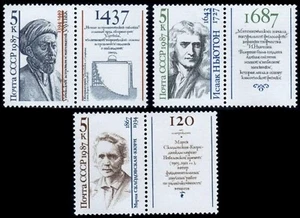 SCIENTISTS = ISAAC NEWTON, MARIE CURIE ULUGH BEGH = Russia 1987 Sc 5600-02 MNH - Picture 1 of 1