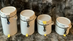 Excellent condition used set of 4 chrome & white ceramic kitchen canisters w lid - Picture 1 of 9