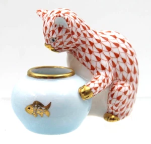 Herend Gone Fishing Cat Kitten Fishbowl Rust Fishnet Cat Figurine 15710 - Picture 1 of 6