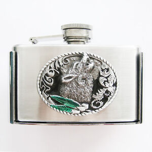 3oz. Howling Wolf Stainless Steel Flask Metal Removable Concealed Belt Buckle