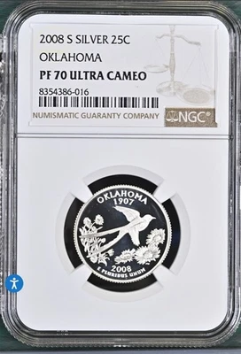 2008-S Oklahoma Silver Quarter NGC PF 70 Ultra Cameo FRESHLY GRADED - Image 1 of 2