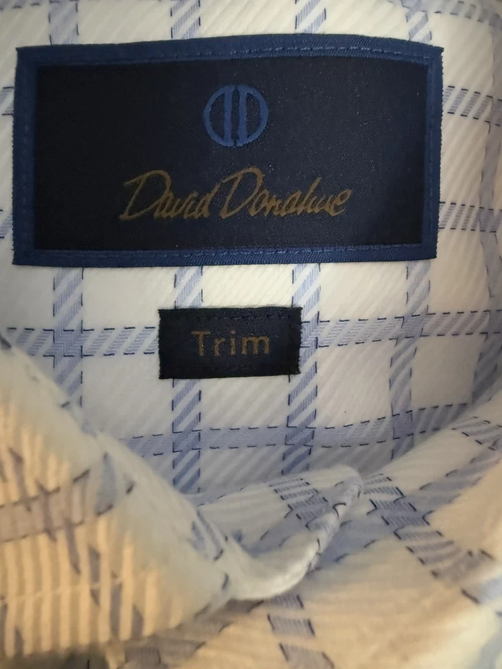 Camisa de vestir David Donahue manga larga con botones para hombre 16 34/35 blanca azul a cuadros nueva sin etiquetas Foto 1 de 4