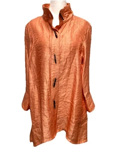 ali miles Shimmer Button Up Blouse Jacket Tunic Sz M Orange Coral Wired Neck - Picture 1 of 11