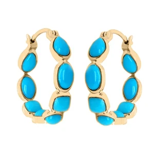 Natural Sleeping Beauty Turquoise Hoop Earring Women  925 Silver Gold Vermeil - Picture 1 of 5