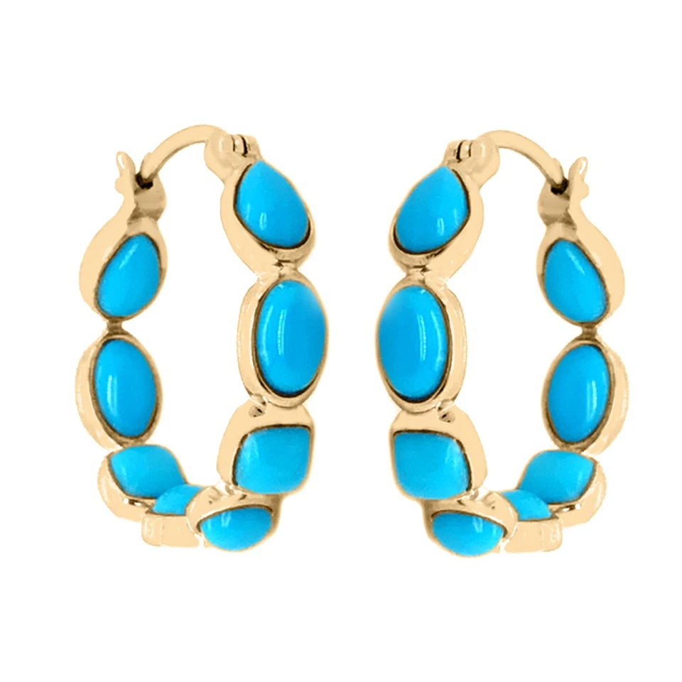 Natural Sleeping Beauty Turquoise Hoop Earring Women  925 Silver Gold Vermeil - Image 1 of 4