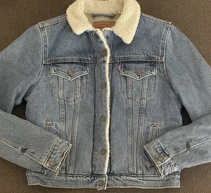 Levis Denim Jacket Youth Medium Sherpa Lined Trucker Snap Button Coat - Picture 1 of 6