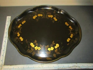 ANTIQUE LARGE BLACK TOLE TOLEWARE METAL TRAY GOLD FLORALS - Picture 1 of 1