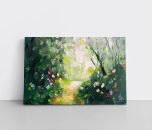 Impresión de pintura verde impresionista del camino del bosque sobre lienzo enmarcado arte de pared moderno - Imagen 1 de 15