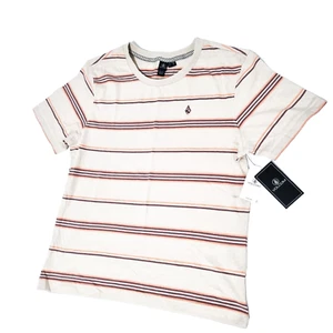 Volcom T Shirt Womens Size 12 Tee Beige Short Sleeve Striped Round Neck BNWT - Picture 1 of 24