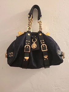 VERSACE BORSA AUTHENTIC Satchel Handbag Black Leather & Cloth Gold Hardware - Picture 1 of 23