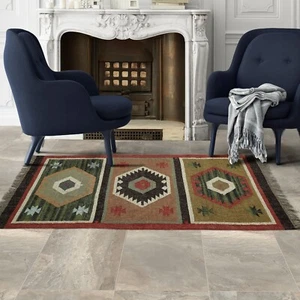 Handwoven Wool Jute Rug Vintage Kilim 3x5 Ft Reversible Runner Meditation Area - Picture 1 of 5