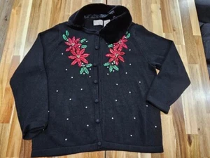 Ugly Christmas Sweater Basic Editions Holiday Sz Large Beaded Sequins Poinsetta - Picture 1 of 8