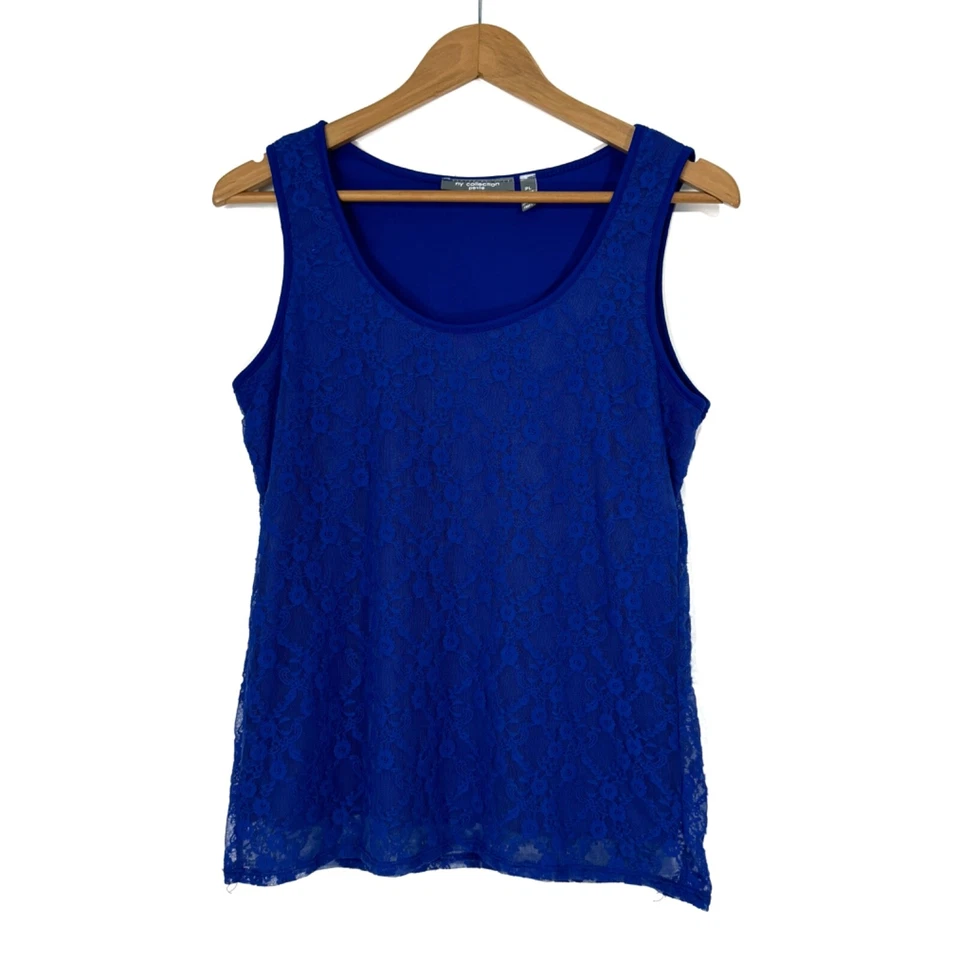 Camiseta sin mangas NY Collection para mujer talla pequeña grande PL azul superposición de encaje cuello redondo Foto 1 de 4
