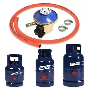 BUTANE GAS BOTTLE REGULATOR 1m ORANGE FLEXIBLE HOSE 20mm CLIP ON FLOGAS CYLINDER - Picture 1 of 24
