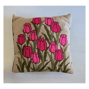 Vintage 1960s Hot Pink Tulip Needlepoint Throw Pillow - Picture 1 of 6
