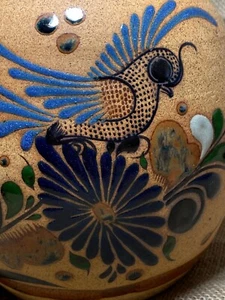 BULBOUS TONALA VASE MEXICO hand-painted BIRD/FLORAL DESIGN 7" tall - Gorgeous - Picture 1 of 8