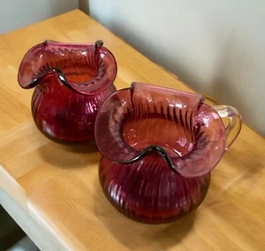 Vtg Pilgrim Glass Optic Cranberry Pink Pitcher Ribbed Clear Handle + Sugar Bowl - Picture 1 of 6