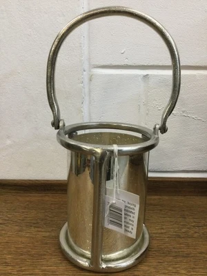 New Silver Distressed Effect Metal Pillar Candle Lantern with Glass Liner - Image 1 of 3