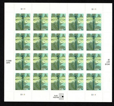 U.S. #4267 MNH, DRAGONFLY SHEET,  20X62 Cent., FV $12.40 (2008) - Image 1 of 2