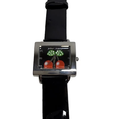 Betsey Johnson Watch Cherries Black Patent Leather Band Silver Case New Battery - Image 1 of 4