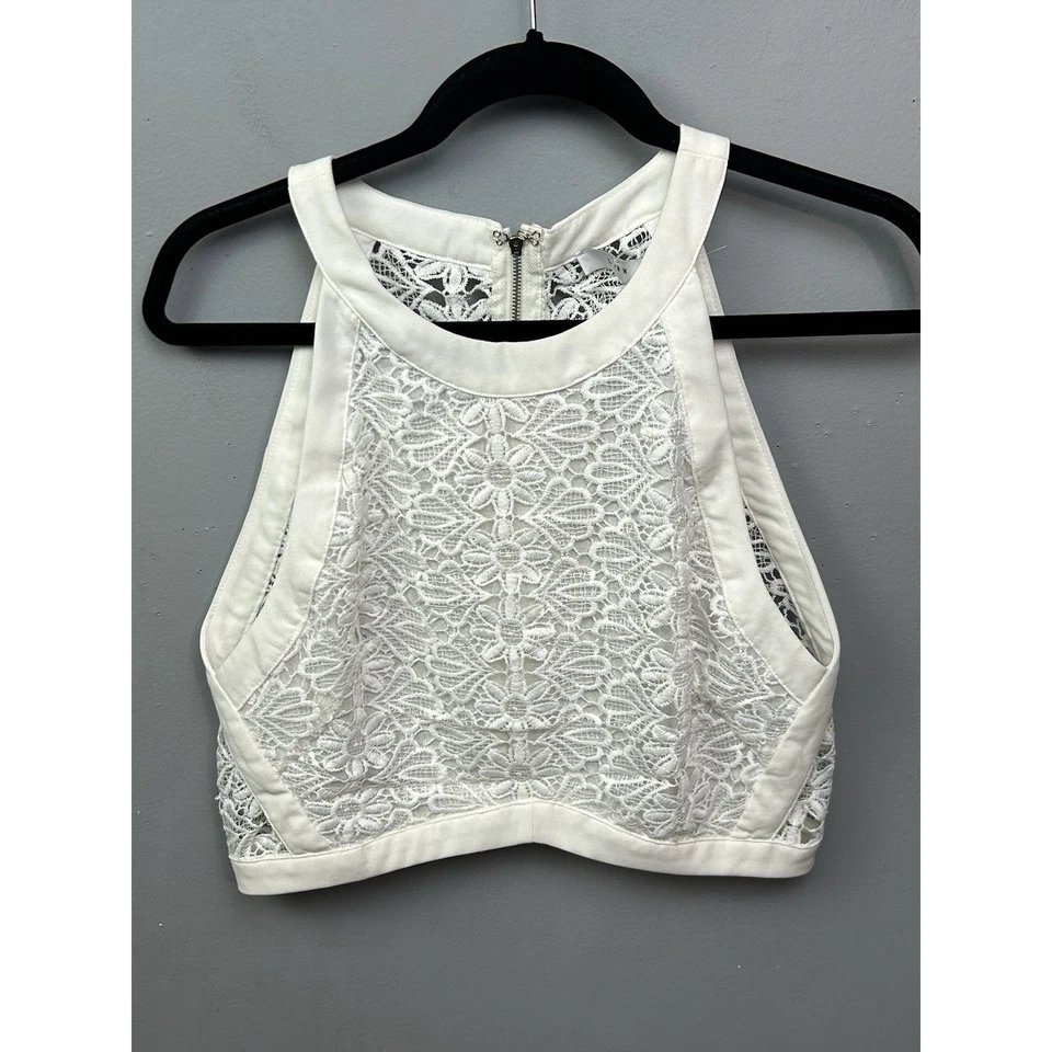 Женский пышный укороченный топ большой белый кружевной оверлей молния с цветочным рисунком - Изображение 1 из 4