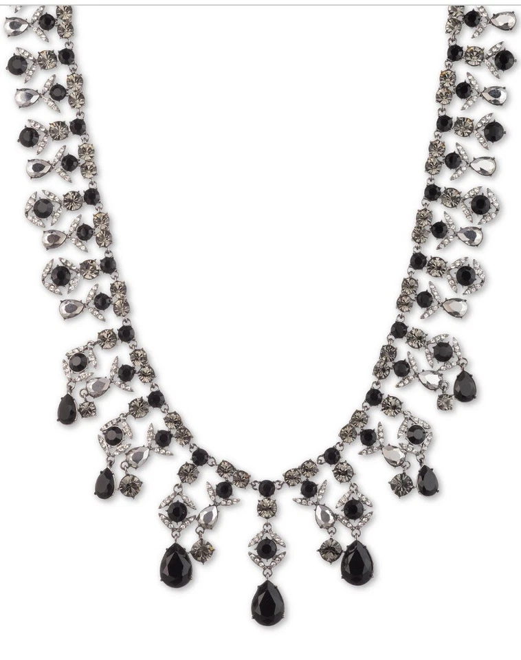 Givenchy Hematite Tone Crystal Stone Statement Necklace 16 Plus 3" P6