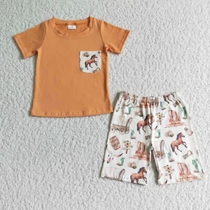 Little Country Boys Boutique Outfit Horse Print Shorts Set - Picture 1 of 17