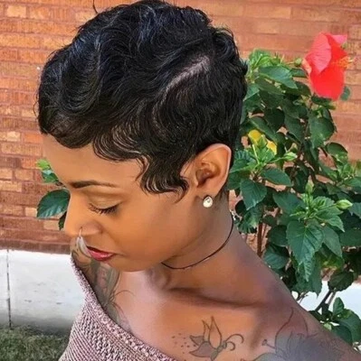 Human Hair Wig Black Short Finger Curly Lace Front Wig for Women L Part Glueless - Image 1 of 4