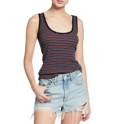 RAG & BONE WOMEN'S RED NAVY BLUE SLEEVELESS ARIA MIX STRIPE COTTON TANK TOP Sz L - Image 1 of 4