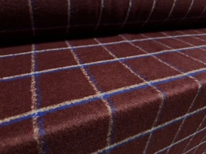 Wool Mouflon Coat Jacket Fabric, Per Metre - Checkered - Burgundy - Picture 1 of 3