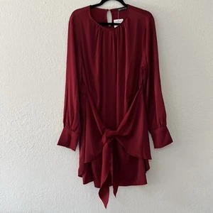 NWT Pretty Garden Satin Long Sleeve Split Cuff Tie Front Elastic Waist Dress XXL - Picture 1 of 13