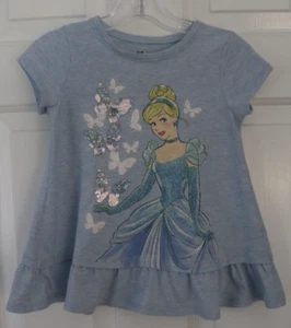 Girl's Shirt Top CINDERELLA Sequins Sparkles Blue Hem Ruffle SS Size 5 Disney - Picture 1 of 8