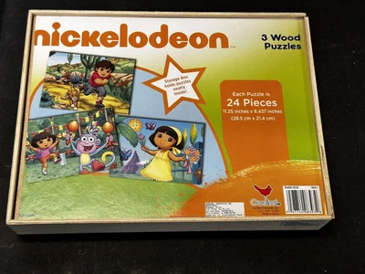 Paquete de 3 rompecabezas de madera Nickelodeon en caja de almacenamiento de madera de Cardinal DORA Foto 1 de 2