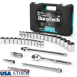 33 Piece Socket Wrench Set 90 Tooth Ratchet Chrome Vanadium Steel Extension Bars - Picture 1 of 8