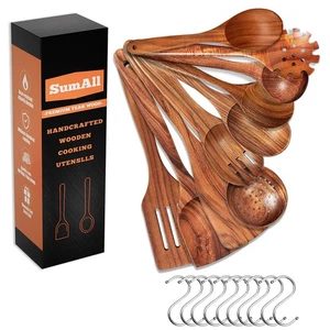 10 PCs Teak Wooden Utensil Set with Hooks, Wooden Spoons for Cooking, Wood Co... - Bild 1 von 7