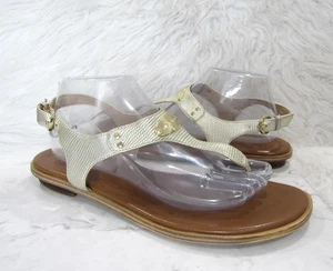 MICHAEL MICHAEL KORS Leather Gold Women's MK Plate Flat Thong Sandals Size 10M - Picture 1 of 9