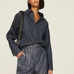 Marissa Web Navy Blue Faux Leather Crop Top SMALL Designer Career Collared $280 - Picture 1 of 10