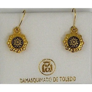 Damascene Gold Round Star of David Drop Earrings by Midas of Toledo Spain 8109 - Picture 1 of 3