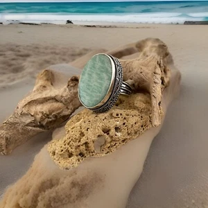 Size 9 Amazonite Gemstone Ring  -925 Silver plated - New ! - Foto 1 di 4