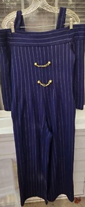 Vintage JRT By Newport News 90s Navy Blue Pinstripe Romper Off Shoulder One... - Picture 1 of 10