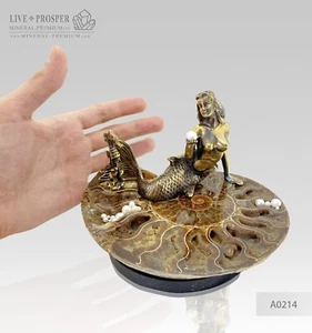 Bronze mermaid and seahorse with river and sea pearls on ammonite dolerite base - Picture 1 of 10