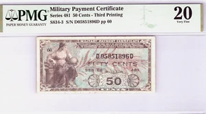 Series 481 50 Cents Military Payment Certificate 3rd Printing PMG 20 VF P-S834-3 - Picture 1 of 9