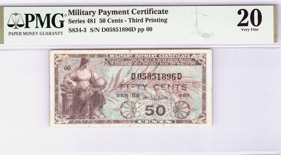 Series 481 50 Cents Military Payment Certificate 3rd Printing PMG 20 VF P-S834-3 - Image 1 of 4