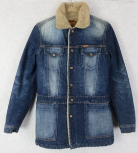 7 For All Mankind Denim Jacket Sherpa Blue U234019U Size M Long Parka USA Made - Picture 1 of 12