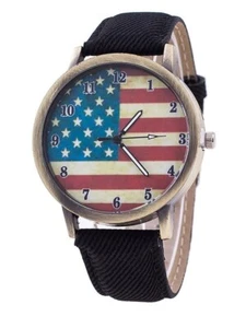 American Flag Watch w/ Black Wrist Strap - Faux Leather, Patriot USA Quartz - Picture 1 of 3