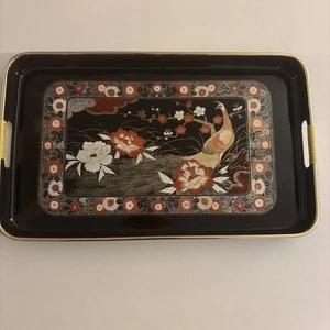 Vintage Japanese Lacquer Decorative Tray Peacock Floral Design 1970s Retro - Picture 1 of 7