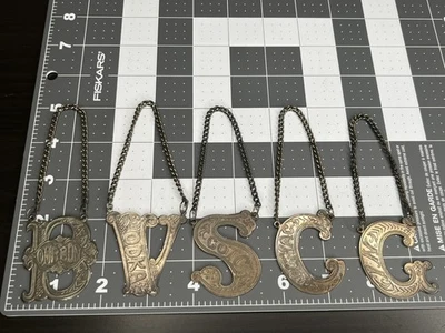 VTG ALPHABET SILVER PLATED BOTTLE DECANTER LABEL Set Of 5 Gin Vodka Bourbon… - Image 1 of 4