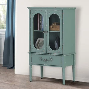 Accent Storage Cabinet with 2 Glass Doors Kitchen Living Room Display Cabinet - Picture 1 of 12