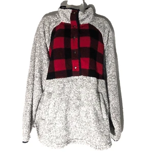 Gray Henley Camp Sherpa w Buffalo Check Yoke Plaid Accent, Womens 2XL, Maurice’s - Picture 1 of 12