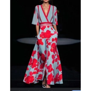 Floral Maxi Dress Red Flower Print V Neck Party Dress Women Size M - Picture 1 of 13